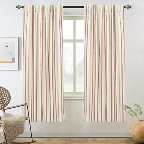DriftAway Farmhouse Linen Blackout Curtains 63 Inches Long for Bedroom Striped Double Layer Thermal Insulated Sound Reducing Lined Back Tab Rustic Drapes for Living Room 2 Panels W52 x L63 Red