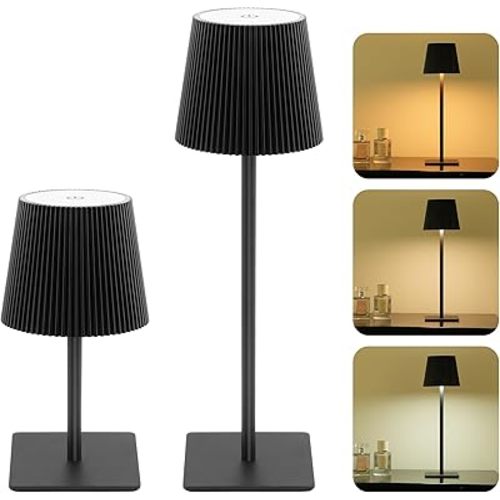 LUTEC 2 Pack Cordless Table Lamp,6000mAh Rechargeable Battery Operated Desk Lamp,Two Adjustable Heights,Waterproof, Touch Control & 3 Color Stepless Dimming for Restaurant/Bedroom/Bars/Outdoor (Black)