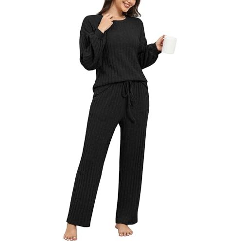 Pajamas for Women Set 2 Piece Lounge Sets Ribbed Knit Long Sleeve Tops Pants Soft Sleep Wear Pj Sets