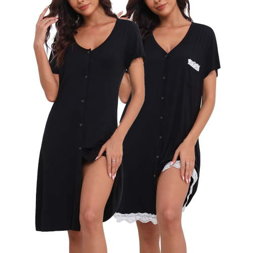 PinkBeautiM 2 Pack Women Button Nightgowns V Neck Nightshirt Lace Sleep Dress Comfy Sleepwear with Pocket