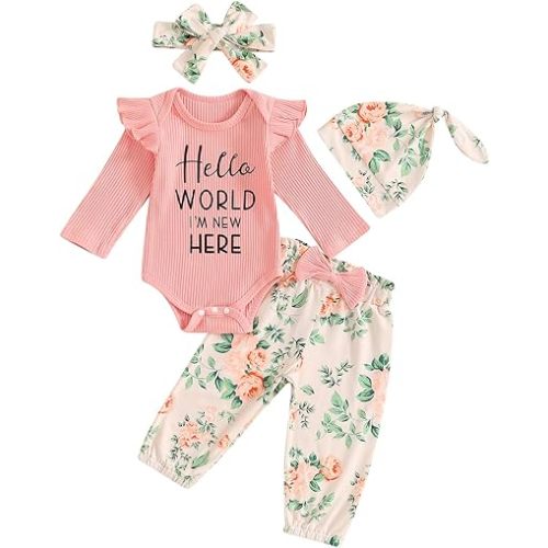 Adobabirl Newborn Baby Girl Clothes Short Sleeve Ribbed Romper Onesie Bowknot Floral Pants Headband 3Pcs Clothing Set