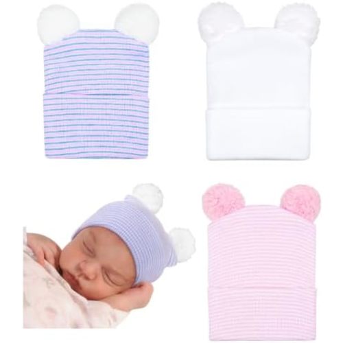 AQOKKA Newborn Baby Girl Hats with Bow No Scratch Cotton Toddler Infant Beanie Caps Soft Newborn Hospital Hat 0-3 Months