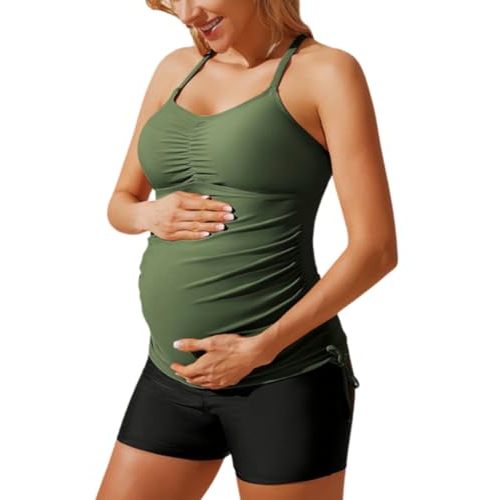 Maacie Maternity Athletic Tankini Swimsuits Two Piece Floral Print Ruched Tops with Shorts