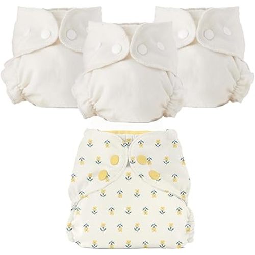 Esembly Cloth Diaper Bundle Set - 3 Organic Cotton Absorbent Inners and 1 Waterproof Outer Diaper Cover - Reusable, Washable, Snap Closure Cloth Diapers - Size 1 (7-17lbs), Buds