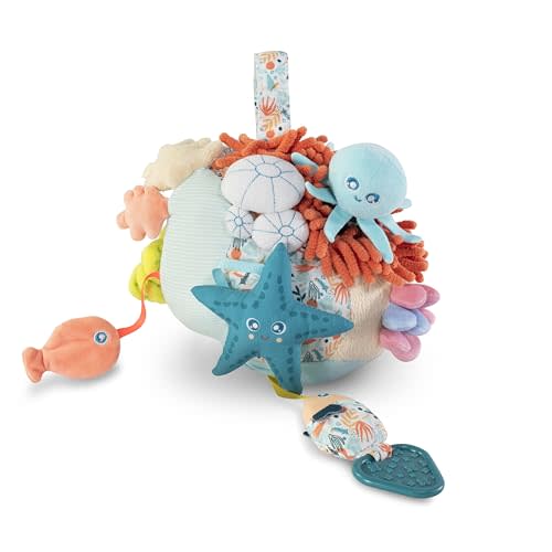 Miniland Baby Teether, Infant Toys 0-6 Months - Sensorial Reef | Plush Baby Rattle, Toddler Toy for Teething, Sensory Development and Textured Fun, Fully Washable, Baby Teether Toys