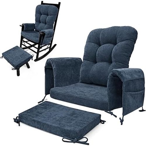 5 PCS Glider Rocker Replacement Cushions with Storage Side Pocket, Luxuriy Chenille Fabric Foam & Microfiber Filling, Thickened & Supportive Rocking Chair Cushion Set, Dark Blue