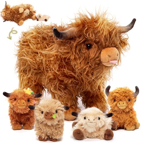 OUOZZZ Highland Cow Stuffed Animal – Large Realistic Fluffy Cow Plush Toy with 4 Baby Calves – Special Furry Material – Travel-Friendly & Portable Gift for Baby Girls, Boys, Toddlers & Kids 14.5"