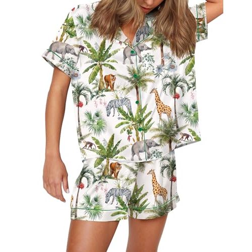 SHESHOW Satin Pajamas for Women Set Preppy Animals Pjs Short Sleeve Shorts 2 Piece Loungewear Sets XS-XXL