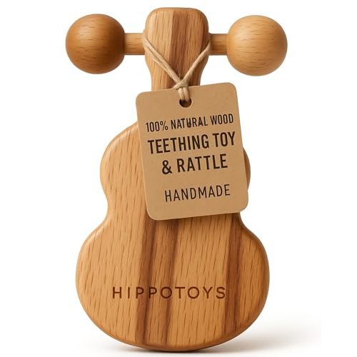HippoToys Baby Teether – USA’s First Real Natural Wooden Teething Toys for Babies 0–18 Months – Calm Wooden Rattle – No Paint No Plastic No Toxins - Safe Baby Gift