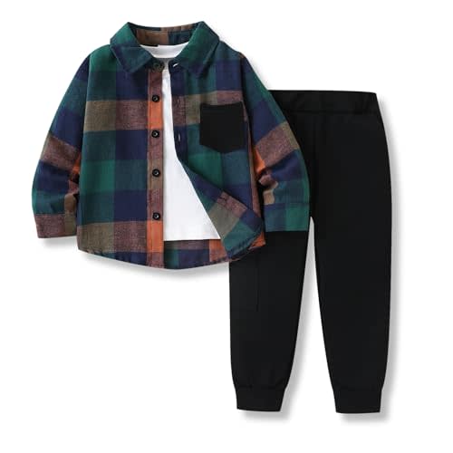 Toddler Boys Clothes 2 Piece Sweatsuit Set Flannel Plaid Shirt Hooded and Pants for Fall Winter 2-6Years