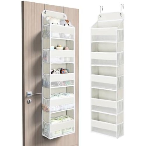 Yecaye 5 Tier Over the Door Organizer, 44lbs Load Toy Stuffed Animal Storage 10 Side Pockets, Bathroom Organizers and Storage for Nursery Newborn Baby Essential Stuff Dorm Room Essentials, Cream White