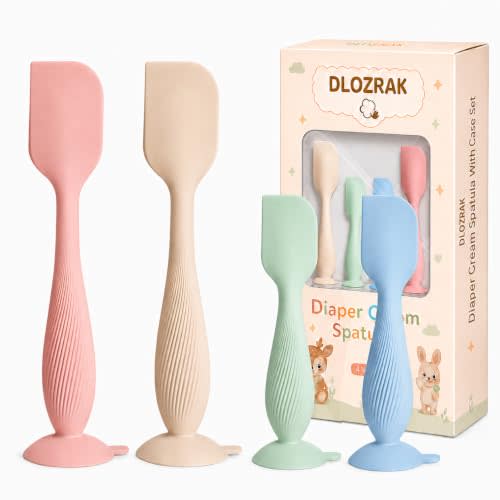 4-Pack Diaper Cream Spatula Set with Case, Silicone Baby Butt Paste Spatula | 4-piece ergonomic diaper cream applicator set with 2 sizes, 4 colors, spiral grips, suction bases & large storage case
