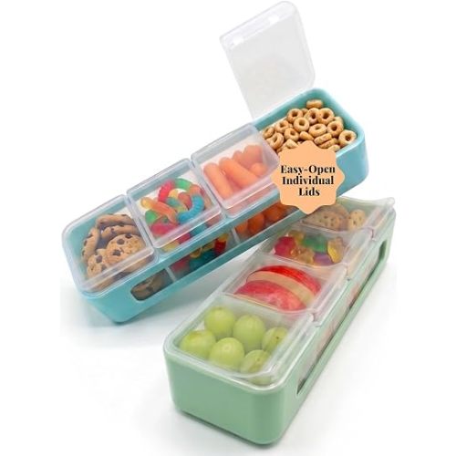 melii Snackle Box | 4 Compartment Divided Snack Container with Individual Lids, Kids Lunch & Travel Food Storage Organizer, BPA-Free, 2-Pack (Blue + Mint)
