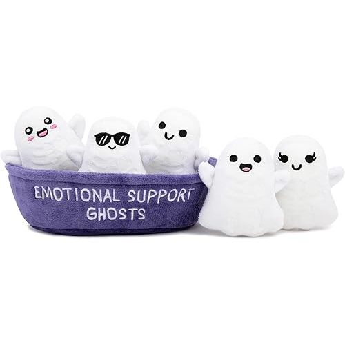 Emotional Support Ghosts by Relatable, Cuddly Plush Collectibles and Cute Stuffed Animals, Spooky Halloween Ghost Plushies and Fun Trick or Treat Toys, Includes 5 Plushies with Carrying Basket