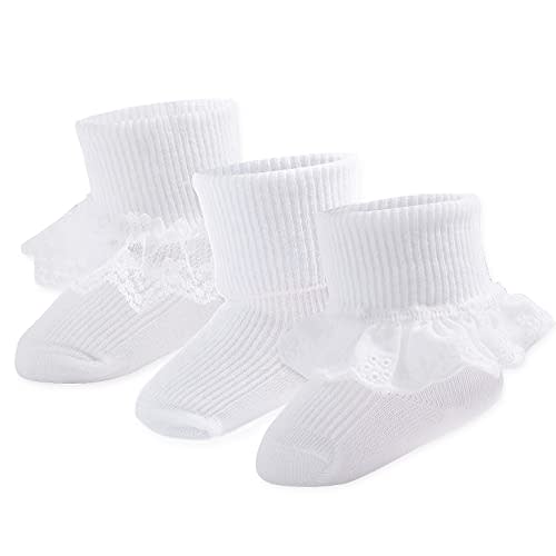 Baby Girl Socks Eyelet Triple Lace Ruffle Socks Turn Cuff Socks 2/3/5 Pairs Ankle Dress Sock for Newborn Infant Toddler