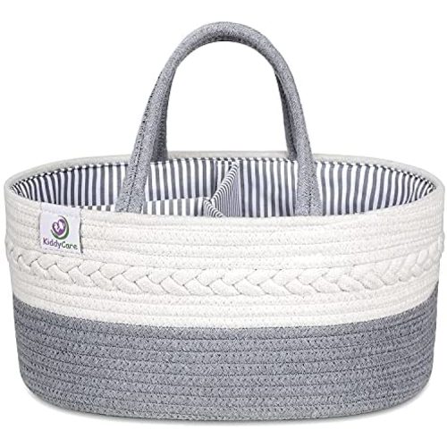 KiddyCare Baby Diaper Caddy Organizer - Stylish Rope Nursery Storage Bin 100% Cotton Canvas Portable Storage Caddy Basket for Changing Table & Car - Diaper Organizer for Baby Girl & Baby Boy (Gray Regular)