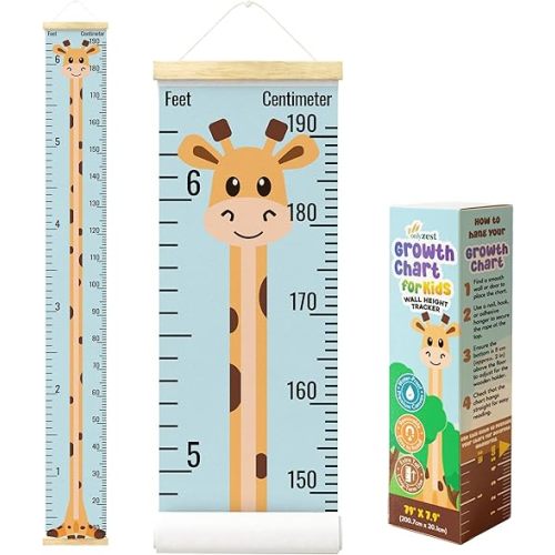 Kids Growth Chart for Wall, Canvas Ruler for Measuring Height Chart for Kids, Height Measurement for Wall, Nursery or Toddler Room, Folds for Storage, Hanging Rope