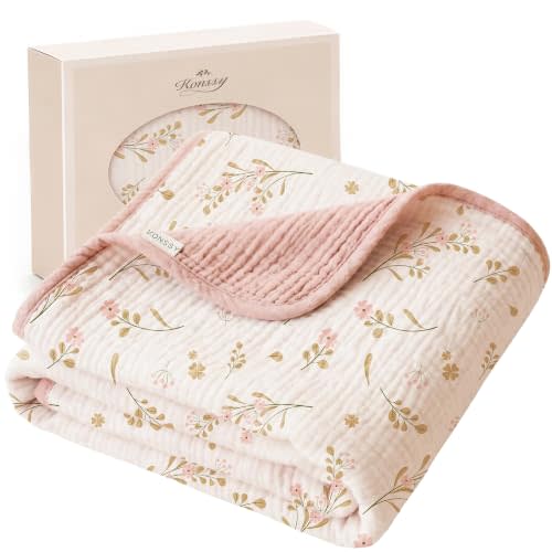 Konssy 100% Cotton Muslin Baby Blanket for Girls Boys, 40"x36" | Soft & Lightweight, 4-Layer Muslin, for Receiving, Swaddling, Crib, Stroller & Nursery, Newborn to Toddler (Floral)