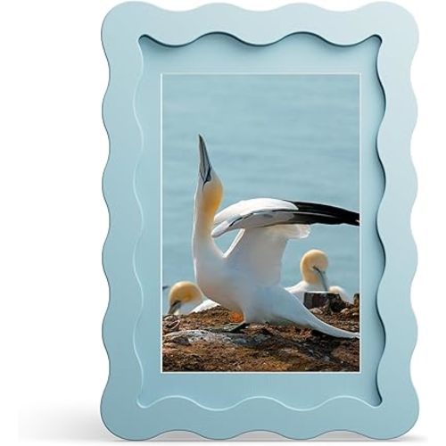 4x6 Picture Frame with Mat for 3.5x5, Wavy Edge Wooden Real Glass Photo Frame for Tabletop and Wall Hanging, Blue, 1 Pack