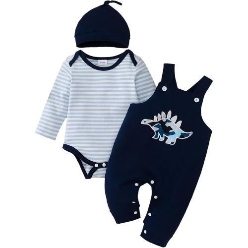 Baby Boy Clothes Fall Winter Outfits Infant Long Sleeve Striped Romper Cartoon Suspender Overalls 3 Pcs 0-18 Months