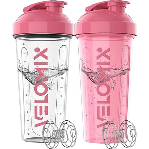 VELOMIX -2 Pack- 28 oz Protein Shaker Bottles for Protein Mixes - 2x Wire Whisk | Leak Proof Shaker Cups for Protein Shakes | Protein Shaker Bottle Pack (Pink/Transparent)