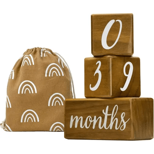 Pondering Pine Baby Milestone Blocks - Natural Pine Wood with Weeks Months Years Grade - Milestones Age Block Set with Boho Rainbow Bag, Newborn Weekly Monthly First Year Picture Props, Earth Friendly