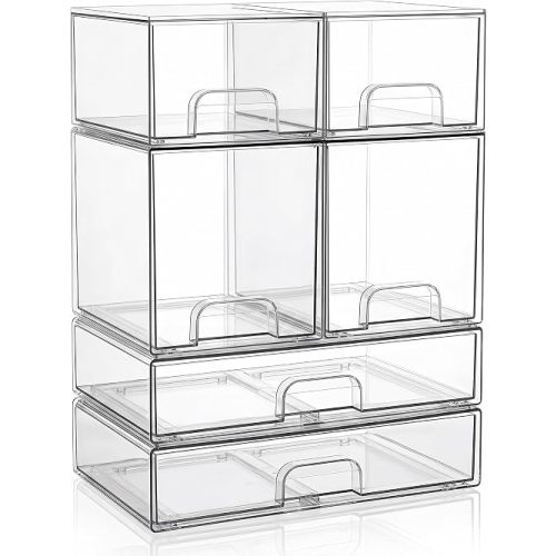 Saccik Clear Stackable Storage Drawers: Baby Bottle Storage Organizer, Acrylic Bottles Station Organizer Container for Countertop, Vanity, Bathroom, Cabinet Organization - 6 Pack