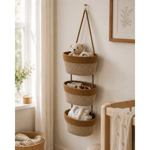 3 Tier Cotton Hanging Basket Organizer, Flaxen Stripe Over Door Storage for Bathroom, Nursery, Kitchen, Closet or Small Space Décor