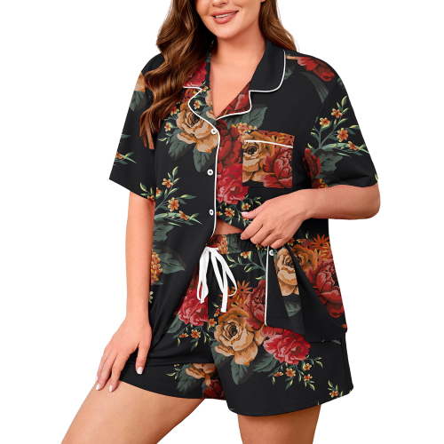 SHOWMALL Women's Plus Size 2 Piece Pajama Set, Short Sleeve Button Down Sleepwear with Pockets, Elegant Floral Black 4X Soft Loungewear for home, Mother’s Day Gift