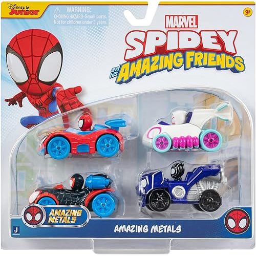 Jazwares Marvel Spidey and Friends 4-Pack Die-Cast Vehicles - Includes Spidey, Ghost-Spider, Black Panther, Miles Morales - Superhero Toys for Kids 3+