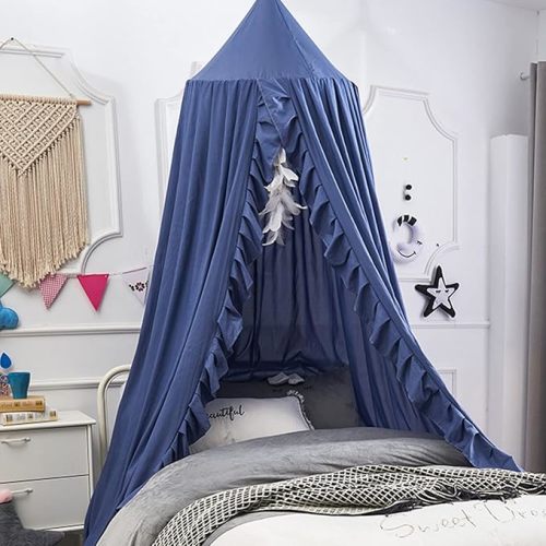 Bed Canopy, Kids Bed Canopies with Lace Bed Room Decor Hanging House Castle Reading Nook Dream Canopy for Girls Princess, Full Queen Size(Navy Blue)