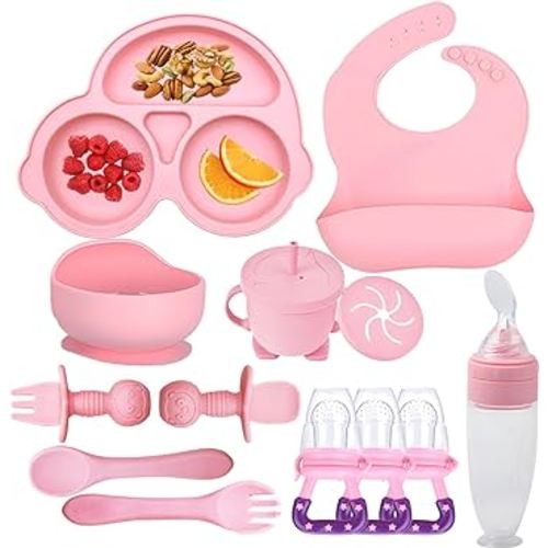 Silicone Baby Feeding Set,Miicasa Baby Led Weaning Supplies Kit With Suction Bowl & Car Plate, Bib, Spoon, Fork, Cup - Food-Grade Silicone, Dishwasher-Safe, No BPAs - For 3+ Months