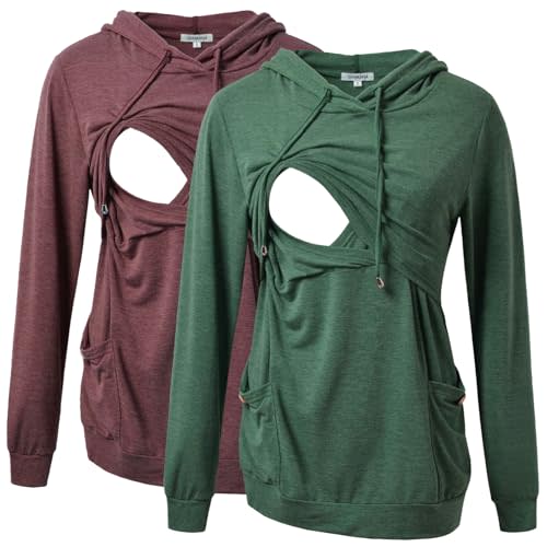 GINKANA Womens Nursing Hoodie Top Sweatshirt Long Sleeve Button Decoration Pockets Shirts Tunic Top