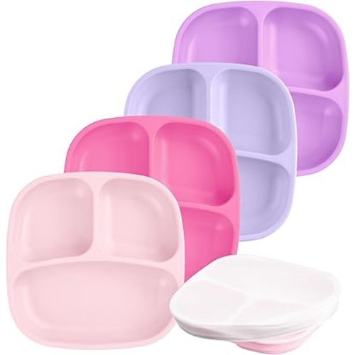 Re-Play Toddler Plates with Dividers & Silicone Lid - Deep-Walled 3 Compartments Divided Plates for Kids - Dishwasher/Microwave Safe - Made in USA - Set of 4-7.37" x 7.37" x 1.25" - Princess