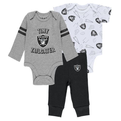 Newborn & Infant Las Vegas Raiders WEAR by Erin Andrews Gray/Black/White Three-Piece Turn Me Around Bodysuits & Pant Set