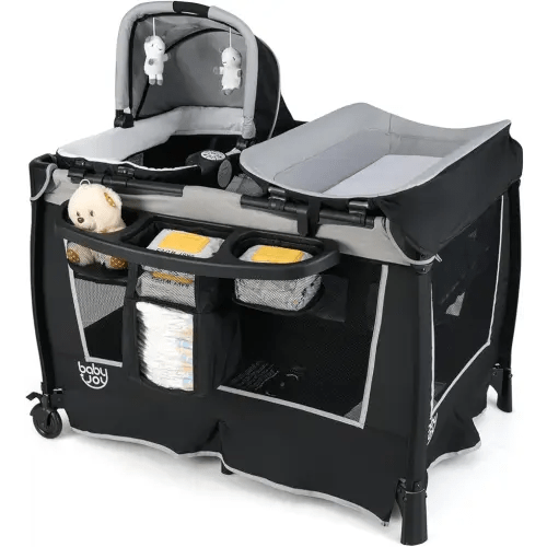 BABY JOY 5 in 1 Pack and Play, Portable Nursery Center Baby Playard w/Bassinet & Diaper Changing Table, Infant Bassinet Activity Center with Toys, Music, Oxford Bag for Toddlers (Space Grey, Classic)
