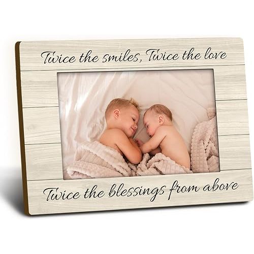 Twins Baby Items Picture Frame 4x6, Twin Mom Gifts Wooden Picture Frame, Twins Baby Gifts for Girls Boys Mom, Twice the Blessings Decorative Photo Frames for Table Desk Decor（Beige）