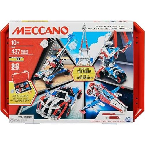 Meccano Masters Maker's Toolbox - Building Toys for Kids, 437 Interchangeable Pieces with Robot, Race Car & Tower Builds, STEAM Toys and Birthday Gifts for Ages 10+