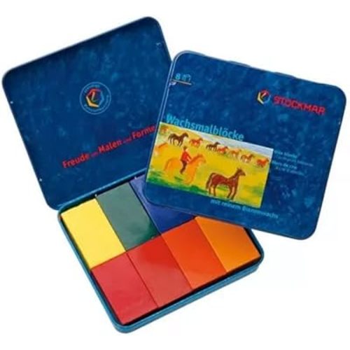 Stockmar Beeswax Block Crayons, Set of 8 - Non Toxic, Safe, Natural Jumbo Crayons For Kids & Adults - Waldorf Homeschool -Waldorf Art Supplies - In Storage Tin Case, Made in Germany