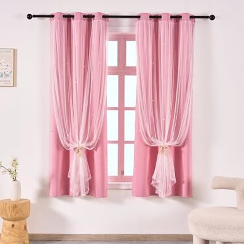 Dreamy Star Cutout Sheer Layered Blackout Curtains for Girls Room