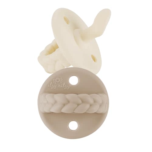 Itzy Ritzy Silicone Orthodontic Pacifiers - Itzy Soother Pacifiers with Collapsible Handle & Two Air Holes for Added Safety, Baby Pacifier For Ages 0 - 6 Months (Buttercream & Toast)