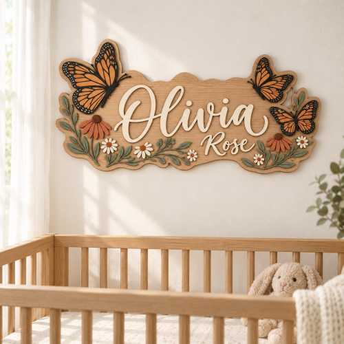 Personalized Butterfly Name Sign, 2-Layer Wooden Nursery Decor, Custom Baby Girl Name Sign, Floral Wall Art, Baby Shower Gift, Girls Bedroom