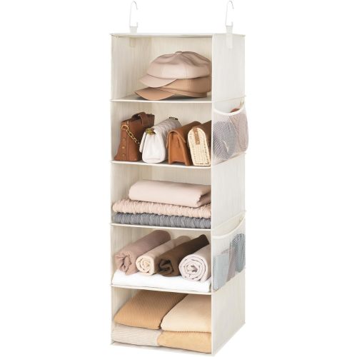 StorageWorks 6-Shelf Hanging Closet Organizer, Hanging Shelves for Closet, Fabric, Mixing of Beige, White & Ivory, 12" D x 12" W x 47 1⁄2" H