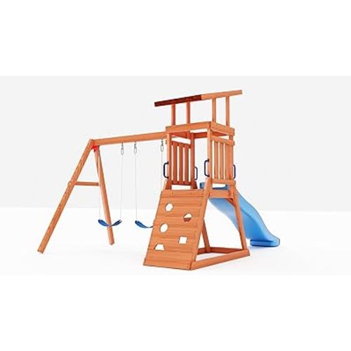 Dolphin Playground Wooden Swing Sets for Backyard with 6FT Slide, Outdoor Playset for Kids with Sand Pit, Climbing Wall, and 2 Belt Swings, Heavy Duty Playground Accessories, Ages 2-9