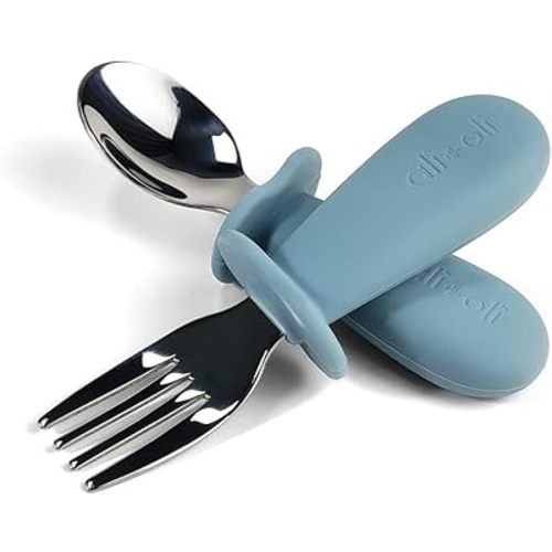 Ali+Oli Spoon & Fork Learning Set for Toddlers (Powder Blue) 6m+ Grab Easy BPA Free Food-Grade Silicone Handle, Kids Silverware Self Feeding Baby Utensil, Multi-stage Baby Feeding Set Ergonomic Design