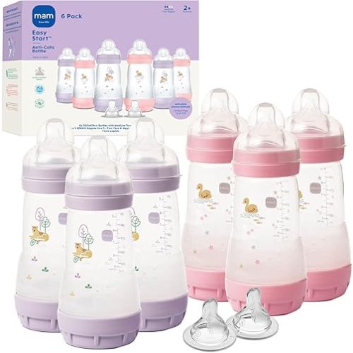 MAM 9oz Easy Start Anti-Colic Baby Bottles, Medium Flow with 2 Bonus Nipples Set (Fast & Extra Fast Flow), Reduces Colic, Gas, & Reflux, Easy-to-Clean, BPA-Free, 2+ Months, Made in Europe Pack of 6
