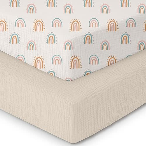 Muslin Crib Sheets–100% Organic Cotton Baby Sheets for Boys & Girls,2 Pack Muslin Mini Crib Sheets for Toddler Mattress,Breathable Crib Mattress Sheets 28''x52''(Rainbow)