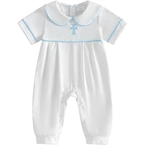 Suolongsama Baby Boy Girl Baptism Outfit Doll Collar Cross Embroidery Romper Smocked Jumpsuit Cute Summer Christening Clothes