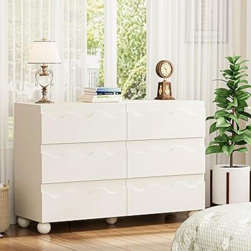 Anbuy Begie Scalloped Dresser for Bedroom with 6 Drawers, 47" Wide Modern Chest of Drawers with Hidden Handle, Wooden Dresser, Fluted Wood Closet Clothes Storage Organizer for Living Room, Hallway