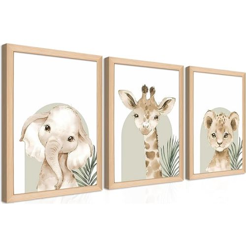 Framed Cute Animal Wall Art Nursery Decor Set of 3, Watercolor Elephant Giraffe Lion Canvas, Whimsical Wildlife Pictures Print, Nursery Wall Decor for Kids’ Bedroom Daycare – 16x12 inch